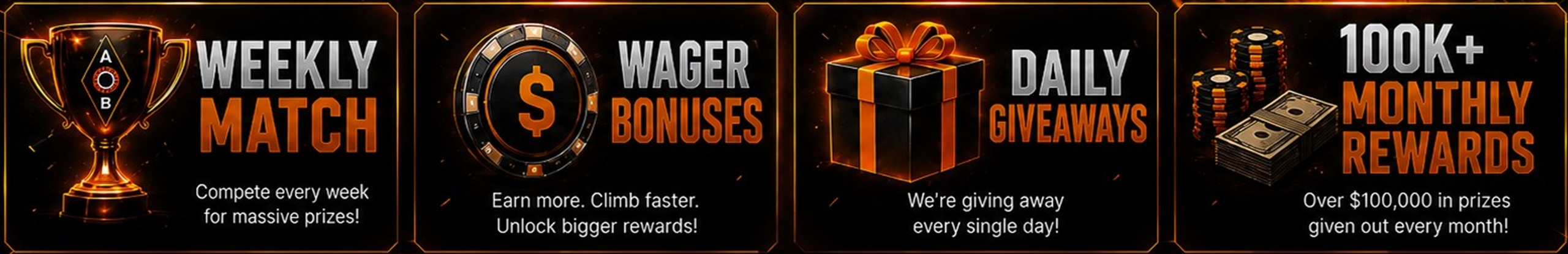 Weekly match, wager bonuses, daily giveaways, and 100K monthly rewards
